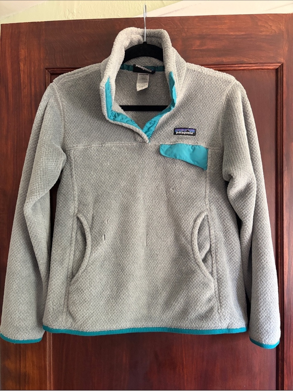 Patagonia Light Gray Fleece Jacket with Teal Trim